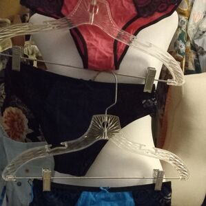 New,3pr. stretch bikini panties with side wide lace,& ribbon bow detail,size med